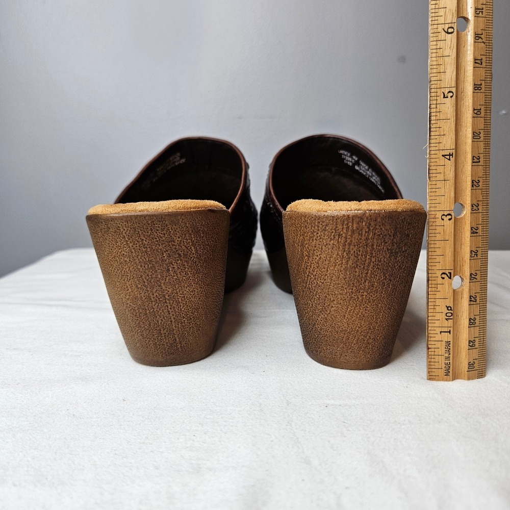 Dr Scholls Lattice Brown Woven Leather Clog Mules Wedge Platform Rhinestone 9M - Picture 6 of 9